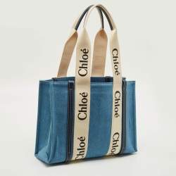 Pre Owned Chloé Woody Medium Blue Denim and Leather Tote
