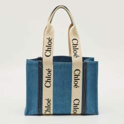 Pre Owned Chloé Woody Medium Blue Denim and Leather Tote