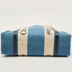 Pre Owned Chloé Woody Medium Blue Denim and Leather Tote