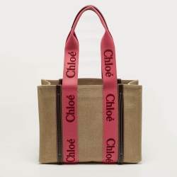 Pre Owned Chloé Woody Medium Beige/Pink Canvas Tote