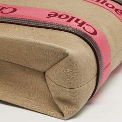 Pre Owned Chloé Woody Medium Beige/Pink Canvas Tote