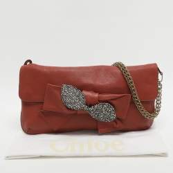Pre Owned Chloe Brick Leather Crystal Bow Embellished Chain Bag