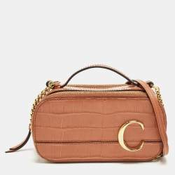 Pre Owned Chloé Vanity C Mini Brown Croc Embossed Shoulder Bag