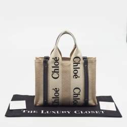 Pre Owned Chloé Woody Small Beige/Black Canvas and Leather Tote