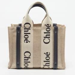 Pre Owned Chloé Woody Small Beige/Black Canvas and Leather Tote