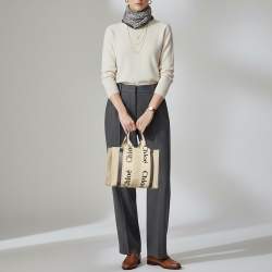 Pre Owned Chloé Woody Small Beige/Black Canvas and Leather Tote