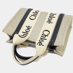 Pre Owned Chloe Cream Navy Blue Canvas Woody Bag Small