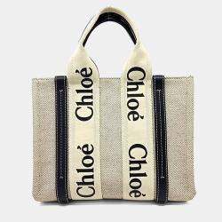 مملوكة مسبقًا Chloe Cream Navy Blue Canvas Woody Bag Small