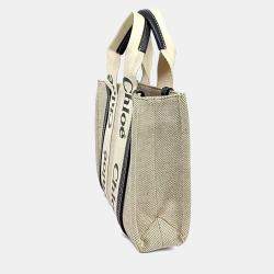 Pre Owned Chloe Cream Navy Blue Canvas Woody Bag Small