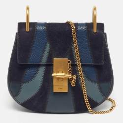Pre Owned Chloé Drew Patchwork Mini Blue Chain Shoulder Bag