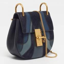Pre Owned Chloé Drew Patchwork Mini Blue Chain Shoulder Bag
