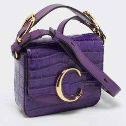 Pre Owned Chloe C Mini Purple Croc Embossed Leather Crossbody Bag