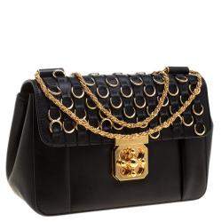 Pre Owned Chloe Black Leather Medium Elsie Ring Embellished Shoulder Bag