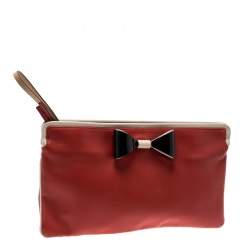 Pre Owned Chloe Red/Beige Leather Bow Clutch 