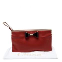 Pre Owned Chloe Red/Beige Leather Bow Clutch 