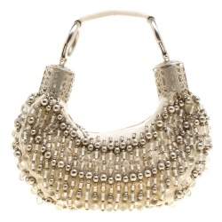 Pre Owned Chloe Off White Canvas Beaded Embellished Crescent Hobo