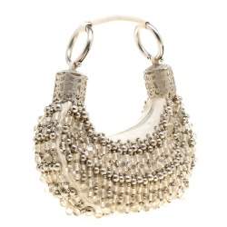Pre Owned Chloe Off White Canvas Beaded Embellished Crescent Hobo