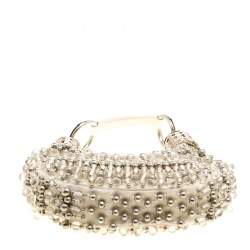 Pre Owned Chloe Off White Canvas Beaded Embellished Crescent Hobo