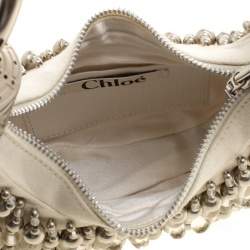 Pre Owned Chloe Off White Canvas Beaded Embellished Crescent Hobo