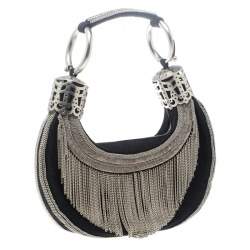 Pre Owned Chloe Black Chain Embellished Canvas Crescent Hobo