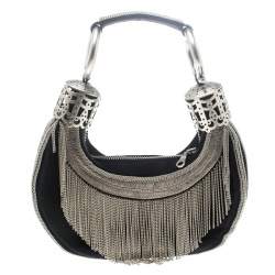 Pre Owned Chloe Black Chain Embellished Canvas Crescent Hobo