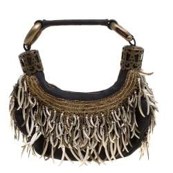 Chloe Black Canvas Embellished Crescent Hobo