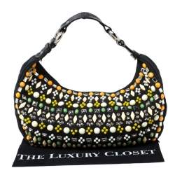Chloe Black Canvas and Leather Beads Embellished Hobo