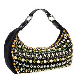Chloe Black Canvas and Leather Beads Embellished Hobo