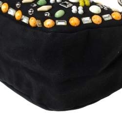 Chloe Black Canvas and Leather Beads Embellished Hobo