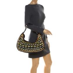 Chloe Black Canvas and Leather Beads Embellished Hobo