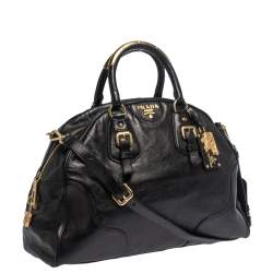 Pre Owned Prada Black Glace Calf Leather Dome Satchel