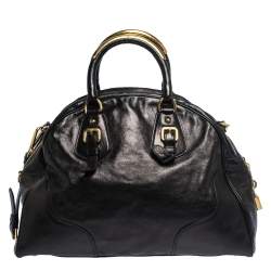 Pre Owned Prada Black Glace Calf Leather Dome Satchel
