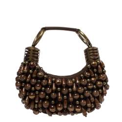 Pre Owned Chloe Brown Canvas Beads Embellished Hobo