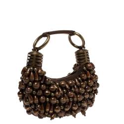 Pre Owned Chloe Brown Canvas Beads Embellished Hobo