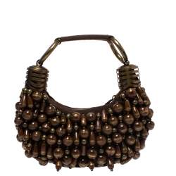 Pre Owned Chloe Brown Canvas Beads Embellished Hobo