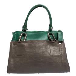 Pre Owned Chloe Grey/Green Croc Embossed Leather Buckle Handle Satchel