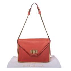 Pre Owned Chloe Coral Orange Leather Medium Sally Flap Shoulder Bag