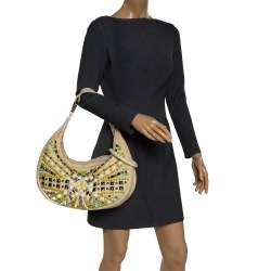 Chloe Light Beige Canvas and Leather Crystal Embellished Crescent Hobo