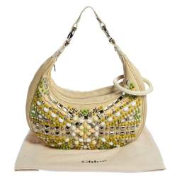 Chloe Light Beige Canvas and Leather Crystal Embellished Crescent Hobo
