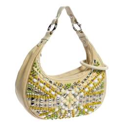 Chloe Light Beige Canvas and Leather Crystal Embellished Crescent Hobo