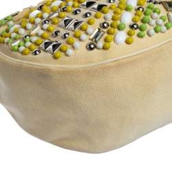 Chloe Light Beige Canvas and Leather Crystal Embellished Crescent Hobo