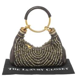 مملوكة مسبقًا حقيبة هوبو كلوي يد حلقة مزخرفة خرز ساتان بني داكن 