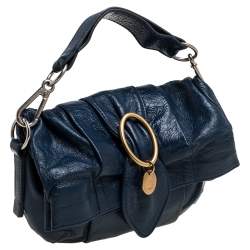 Pre Owned Chloe Navy Blue Glazed Leather Buckle Bow Fold Over Clutch Bag