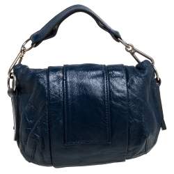 Pre Owned Chloe Navy Blue Glazed Leather Buckle Bow Fold Over Clutch Bag