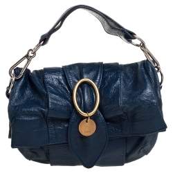 Pre Owned Chloe Navy Blue Glazed Leather Buckle Bow Fold Over Clutch Bag