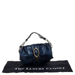 Pre Owned Chloe Navy Blue Glazed Leather Buckle Bow Fold Over Clutch Bag