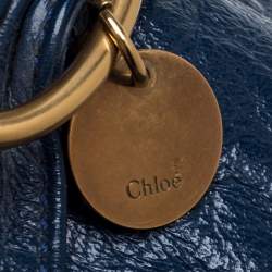 Pre Owned Chloe Navy Blue Glazed Leather Buckle Bow Fold Over Clutch Bag