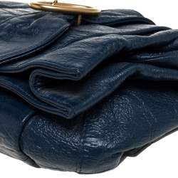 Pre Owned Chloe Navy Blue Glazed Leather Buckle Bow Fold Over Clutch Bag
