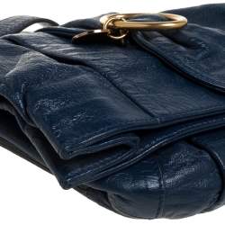 Pre Owned Chloe Navy Blue Glazed Leather Buckle Bow Fold Over Clutch Bag