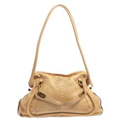 Pre Owned حقيبة كتف كلوي باراتي جلد أسود وجلد ثعبان كريمي و بيج كبيرة